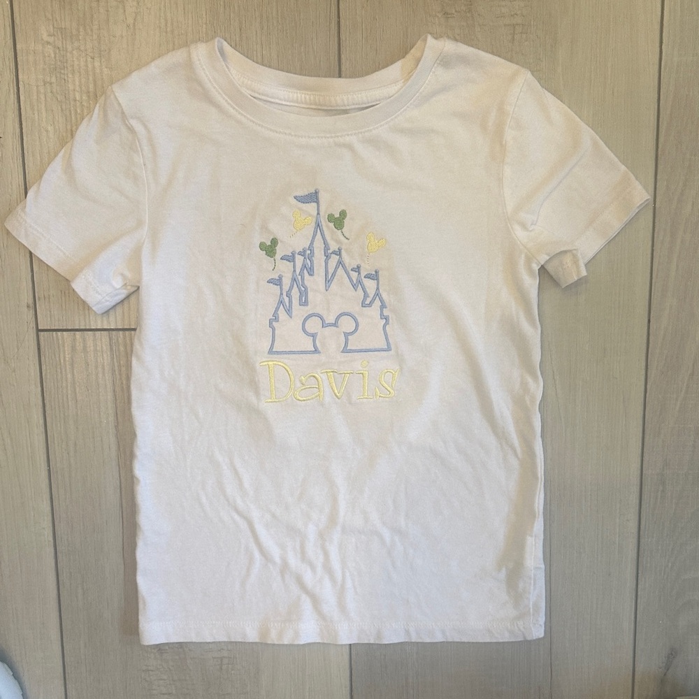 Disney White Kids Shirt with Castle Design; “Davis” Monogram